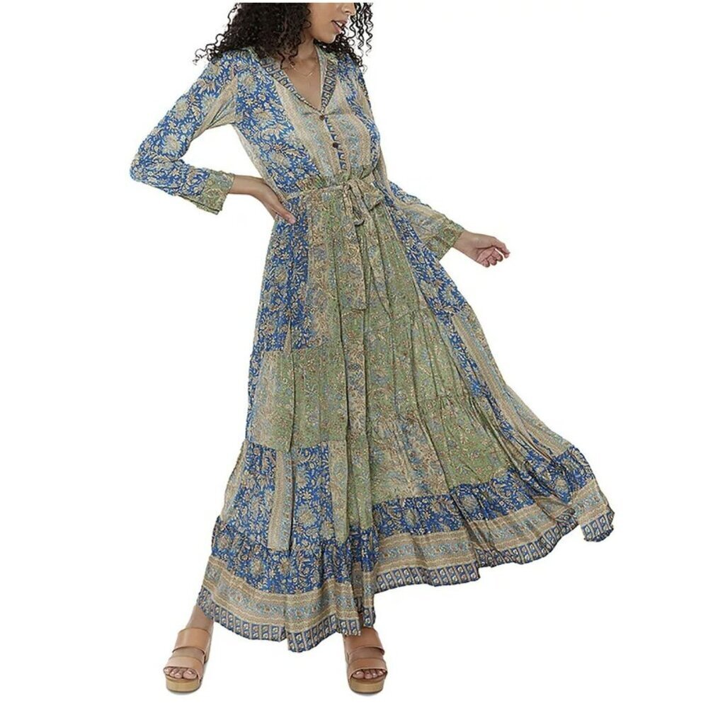 Anthropologie Raga Jai Belted Boho Shirt Maxi Dress Size Small NWT